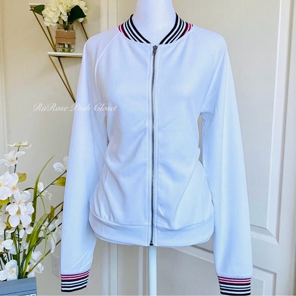 NWT Varsity Stripe Front Zip Light Weight Bomber Style Jacket Size S - Picture 4 of 8
